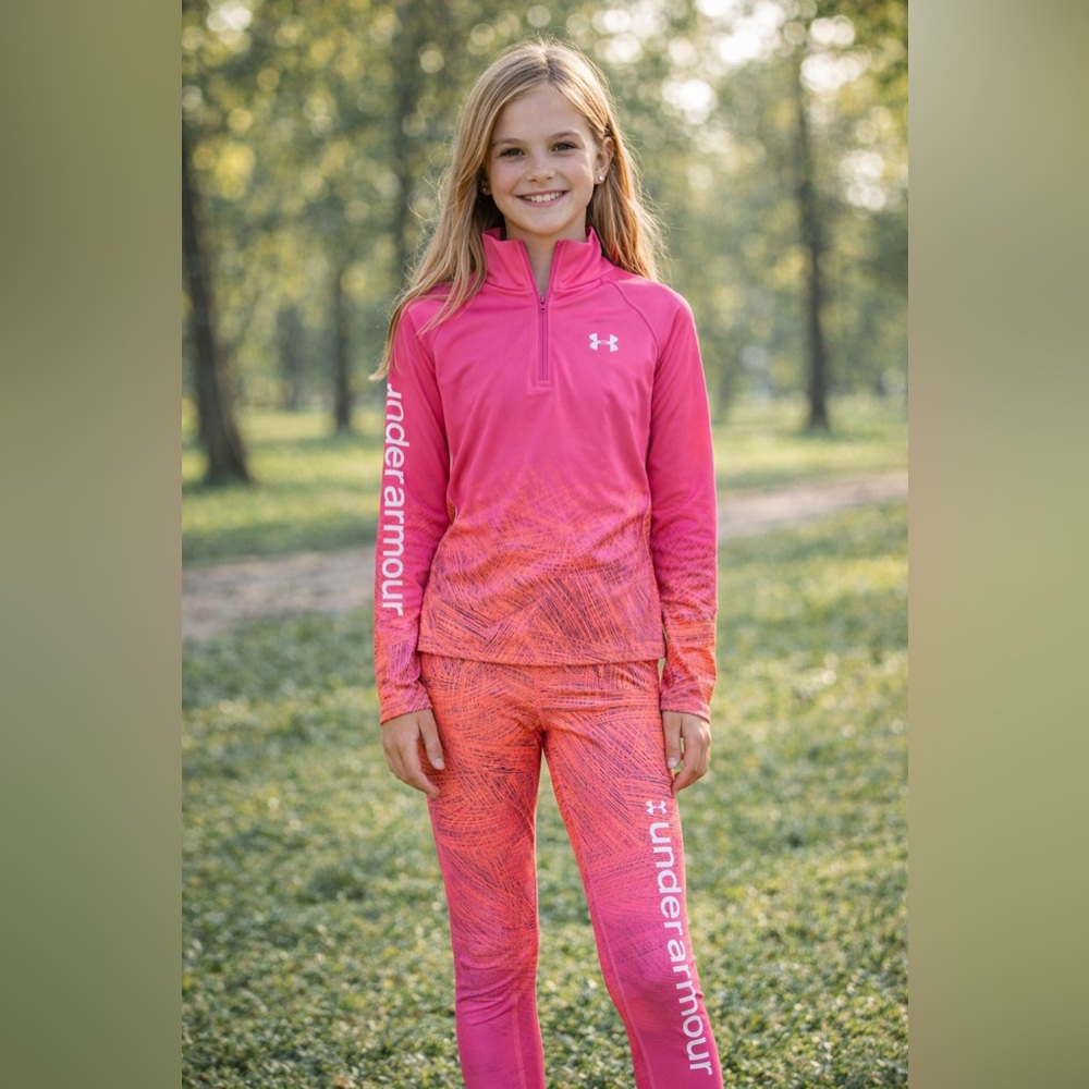 Under Armour Girls Athletic Set Pink Quarter Zip Top+ Leggings Activewear Outfit